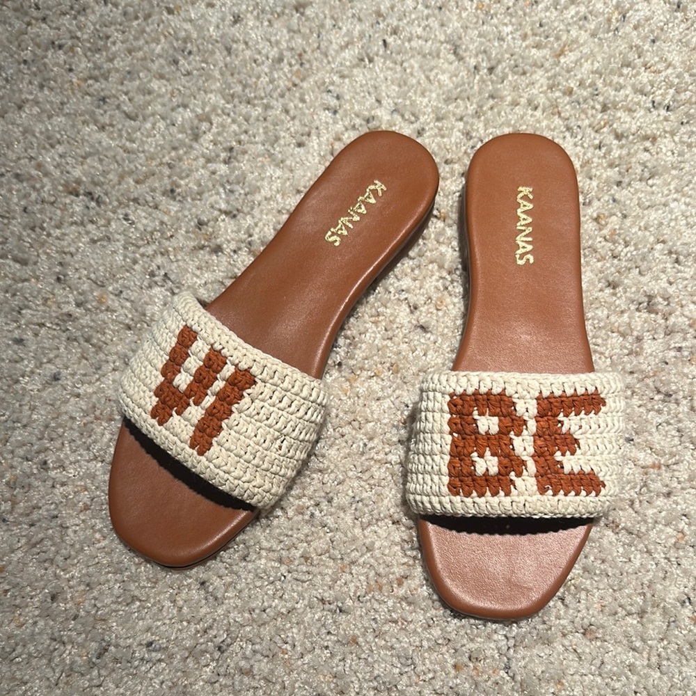 NEW, never worn Kaanas Tan and Cream Bohemian Slide Sandals